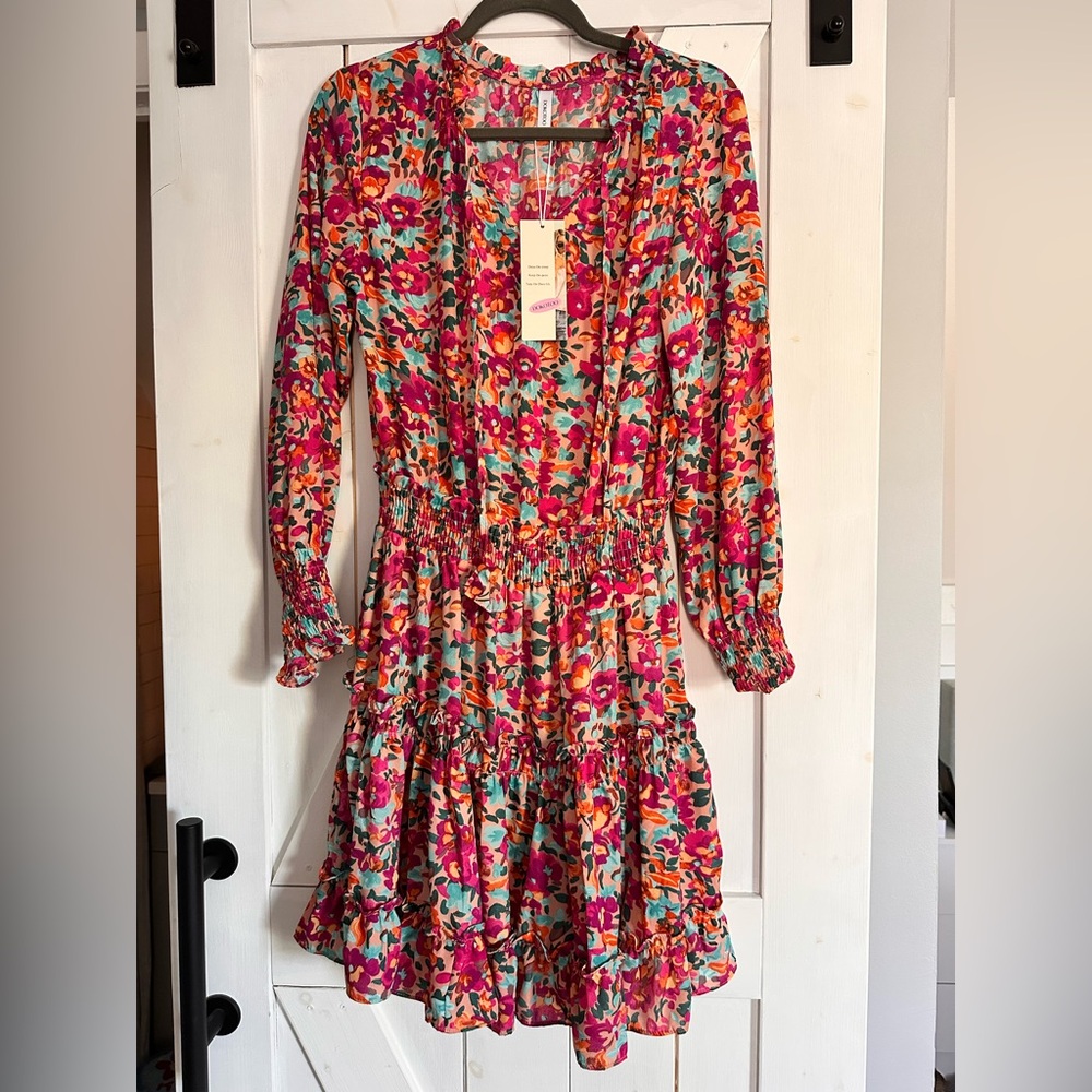 Floral Long Sleeve Tiered Dress in Pink & Teal